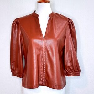 EVEREVE Ryann Faux Leather Popover Top MED Brown 3/4 Sleeve Office Career Wear